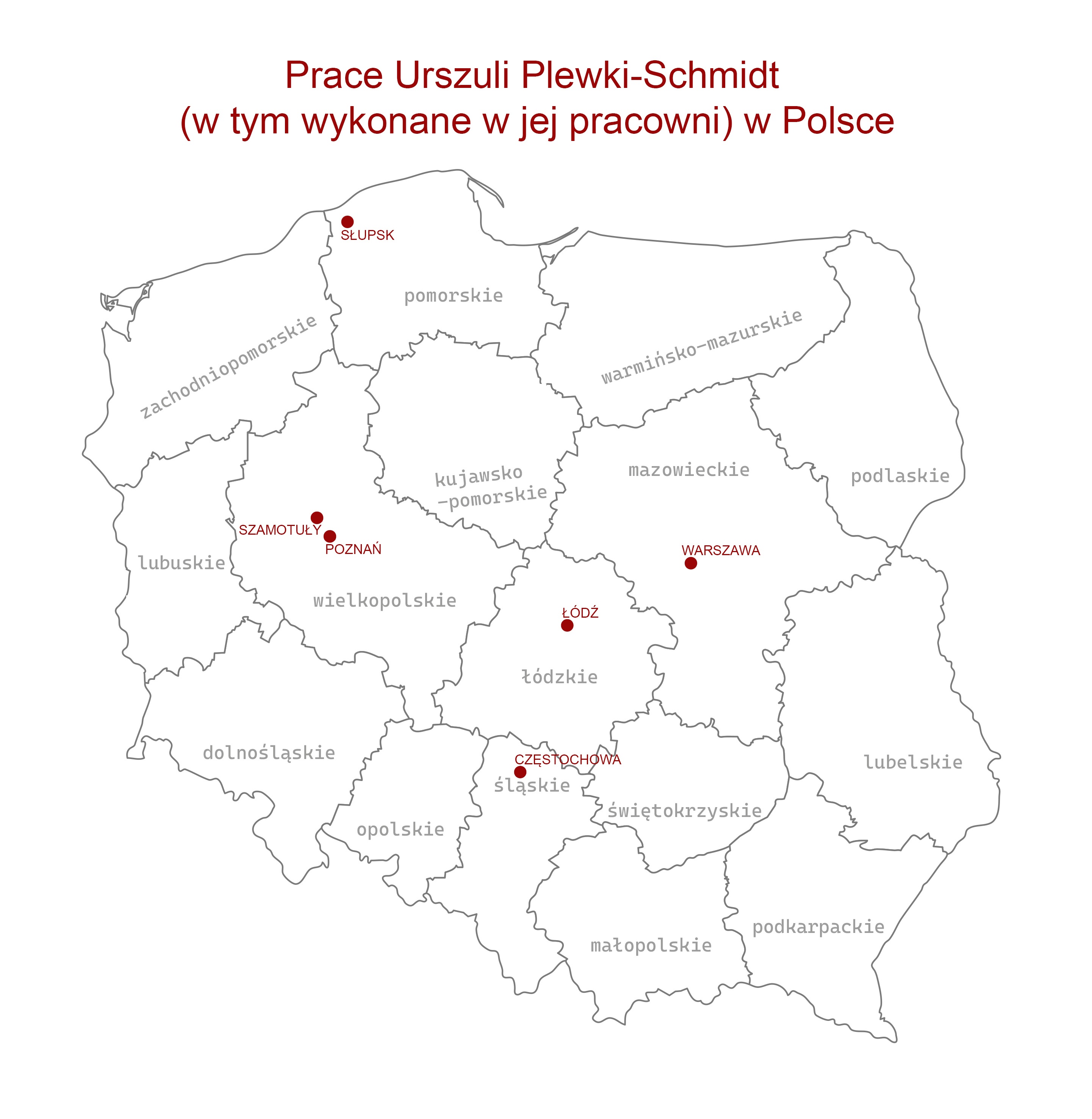 Mapa prac Urszuli Plewki-Schmidt (w tym wykonane w jej pracowni) w Polsce.